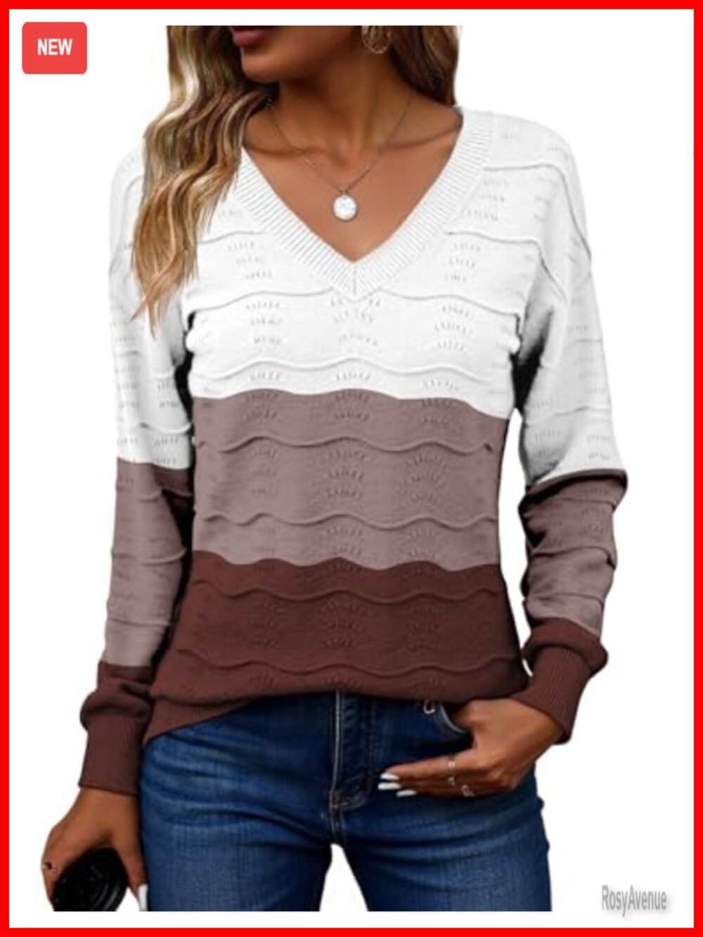 Zeagoo Womens V Neck Crochet Ribbed Knit Pullover Sweater Long Sleeve